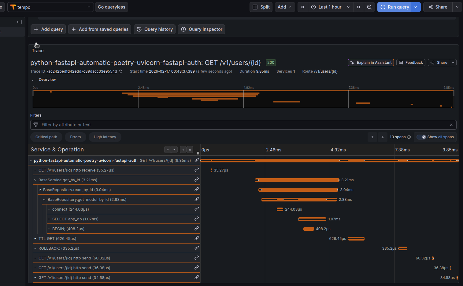tempo trace view at grafana